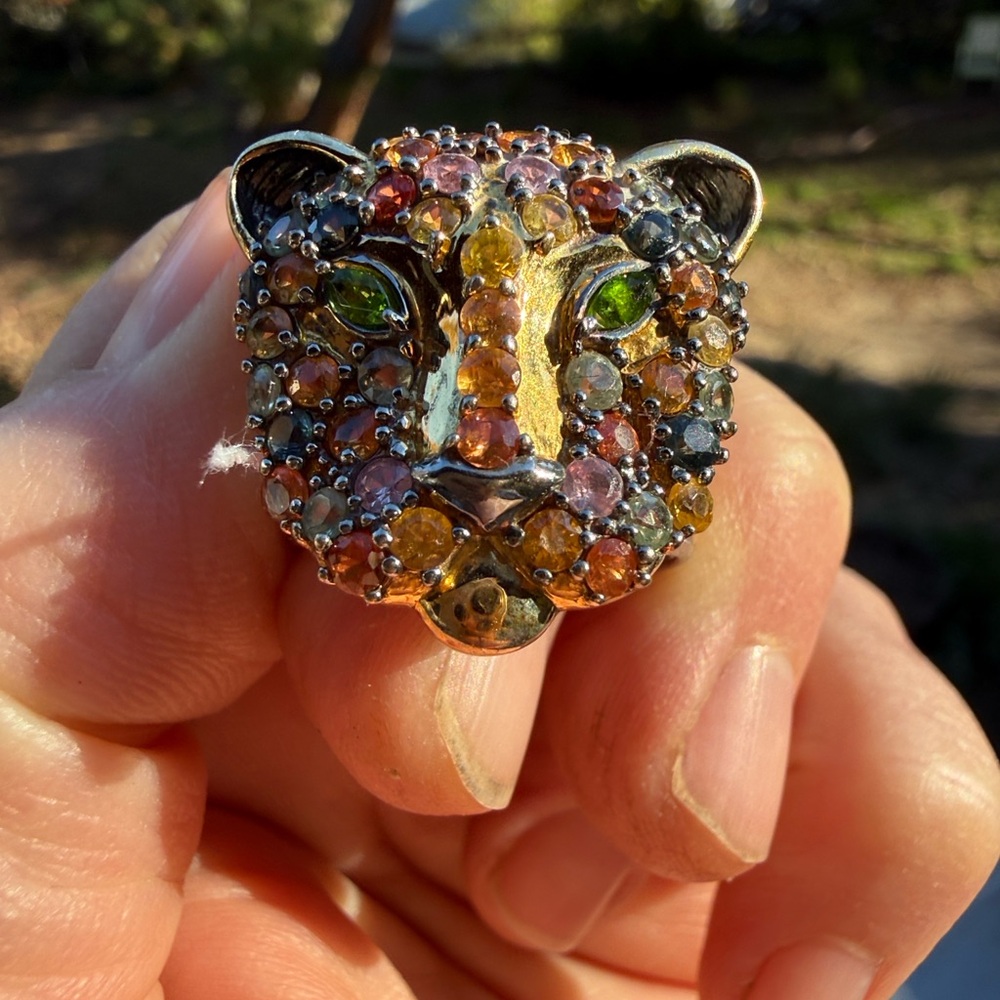 SS Panther Ring w genuine faceted stones eyes-green diopside “Valitutti” 925 8.5